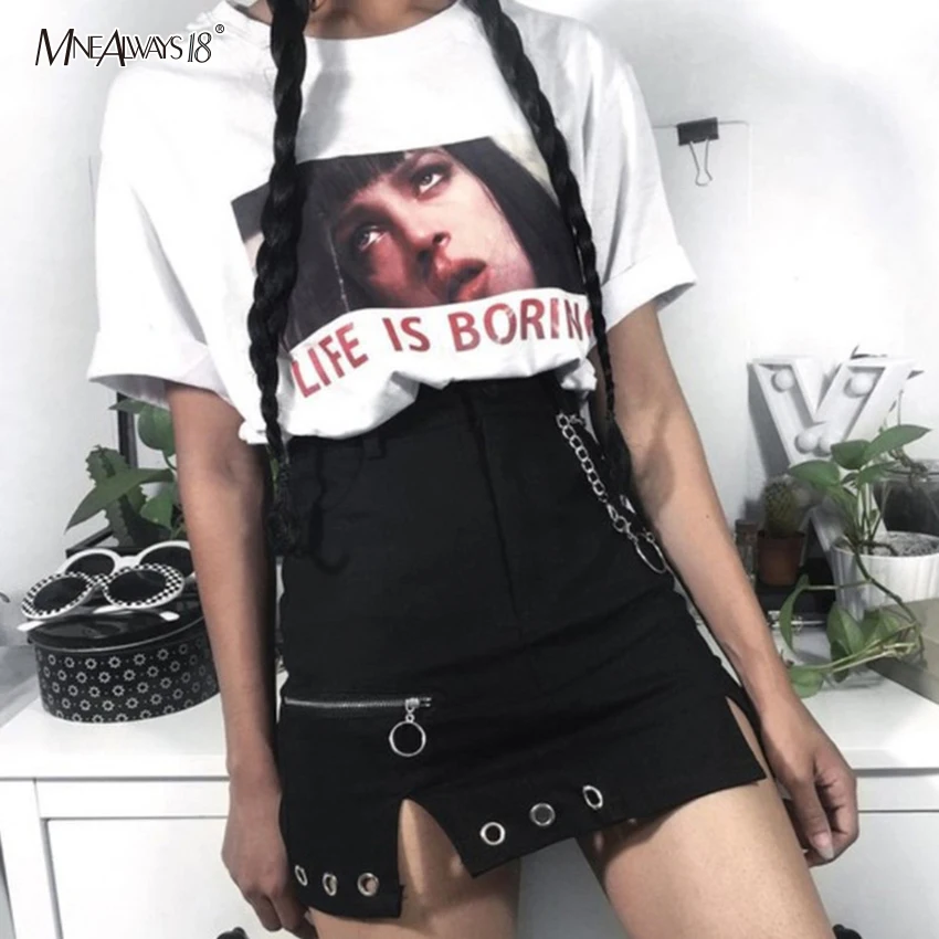 

Mnealways18 Metal Chain Women Skirts Slit Gothic Mini Skirt Zipper Up Hollow Out Black Skirts Summer Fashion 2020 Streetwear