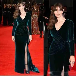 Hot Sexy V neck Velvet Sheath Evening Celebrity Dresses Long Sleeves Winter Formal Occasion Sweep Train Prom Party Gowns vestido