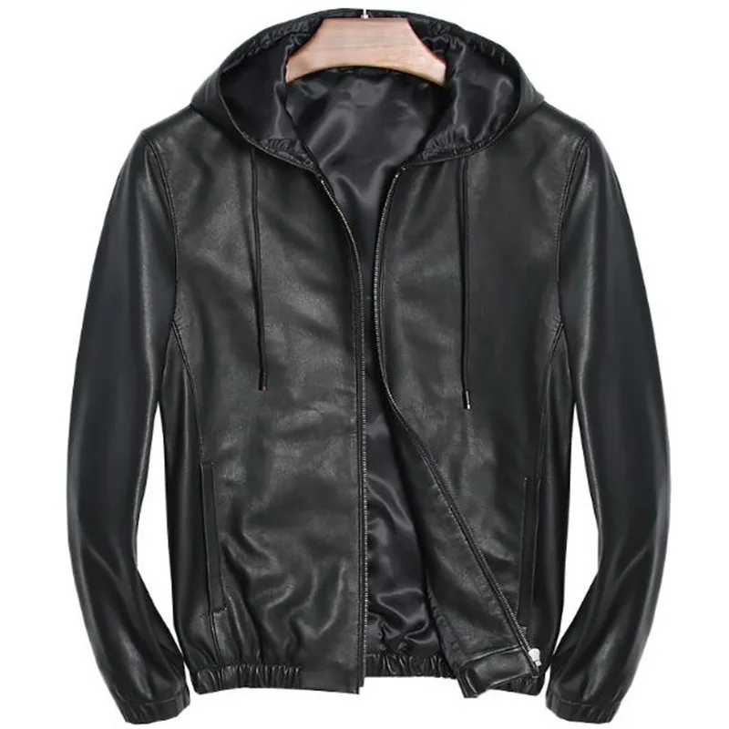 

High Quality Genuine Leather Jacket MenFashion Hooded Real Sheep Skin Leather Coat Spring Autumn cazadora cuero genuino hombre