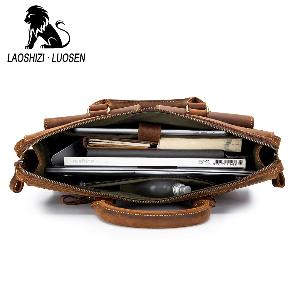 LAOSHIZI Crazy Horse кожаный портфель для мужчин и женщин Высококачественная сумка из натуральной кожи сумка на плечо подходит для ноутбука Коричневый 91508