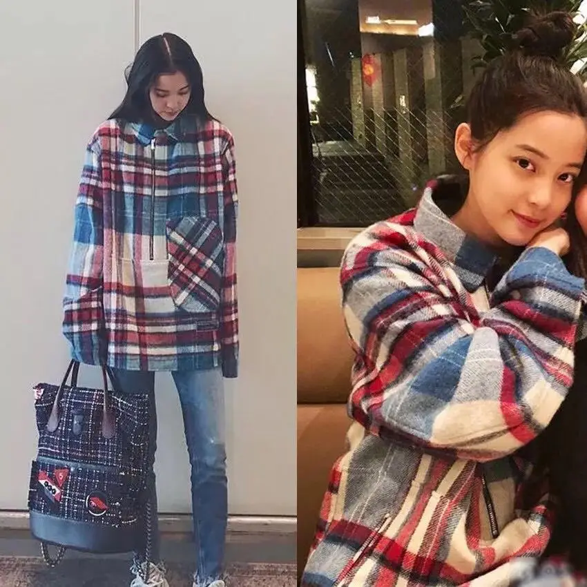 Осень и зима Nuozha Ouyang Nana звездный стиль ретро синяя клетчатая рубашка шерстяная куртка Женская мода 8969