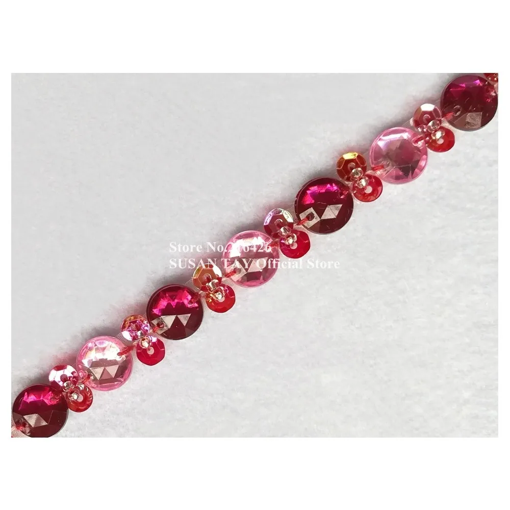 1 ярд х Новый пришитый ручной работы темно-бордовый/розовый в бусинах и пайетках