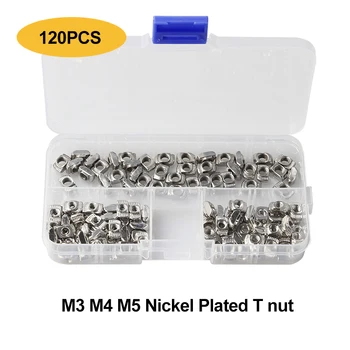 

120Pcs Nickel Plated T-Nut Hammer Head Fasten Nut M3 M4 M5 for Aluminum Extrusion Profile 20 Series Slot Groove