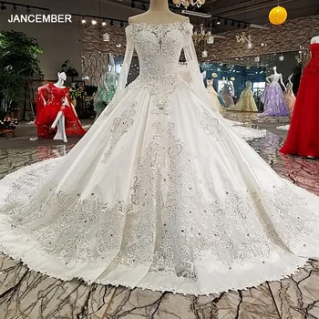 شراءLS00228 فساتين الزفاف نرى من خلال الظهر زهرة قارب الرقبة الدانتيل الكامل الكرة ثوب كاتدرائية القطار الفاخرة Vestido De Noiva صور حقيقية