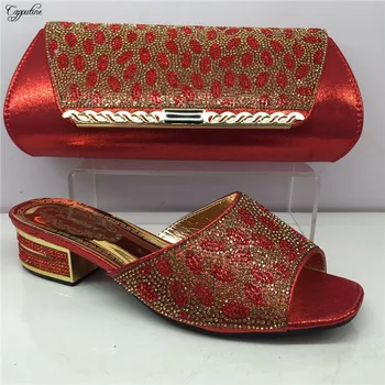 

Luxury wedding red African women's slipper shoes and evening bag set decorated with rhinestones GY21 heel height 4cm