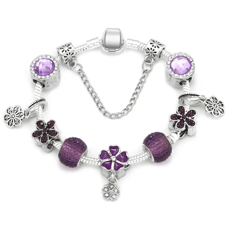 Модные ювелирные браслеты, DIY браслет из сплава с бусинами, изысканный цветок браслет из пурпурных кристаллов подарок на день Святого Валентина