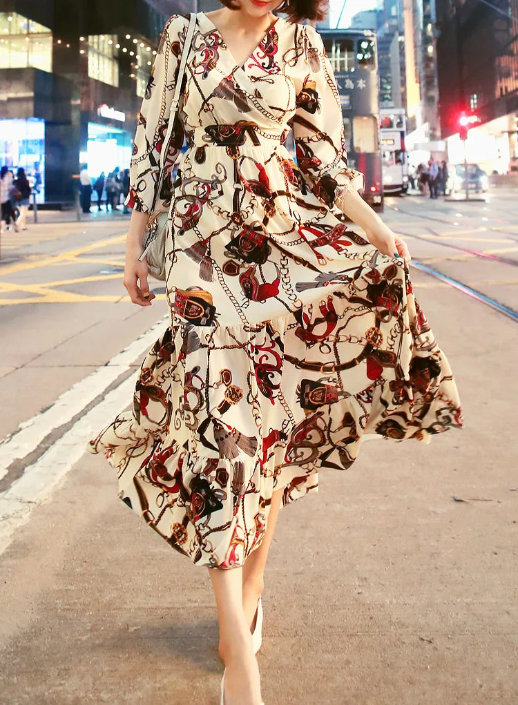 

Female Autumn Sexy Print V-Neck Elegant Dress Women 2019 A Line Flare Sleeve Sundress
