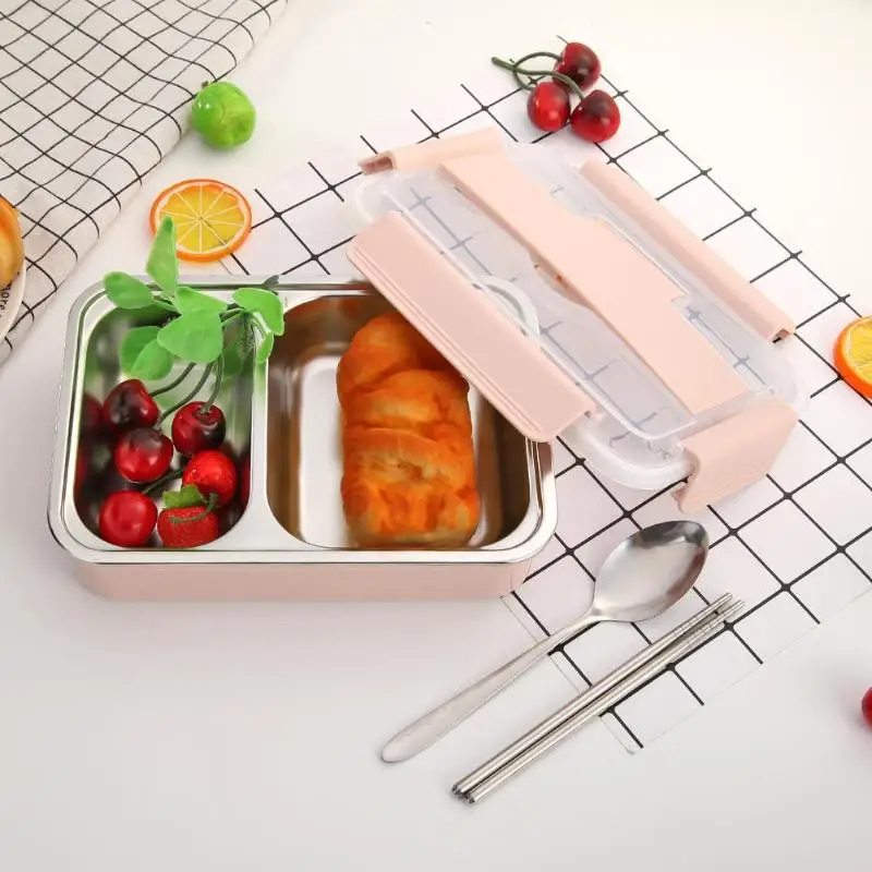 Ланч-бокс разделенные сетки из нержавеющей стали Bento box утолщение пищевой контейнер с одной парой палочек для еды одна ложка