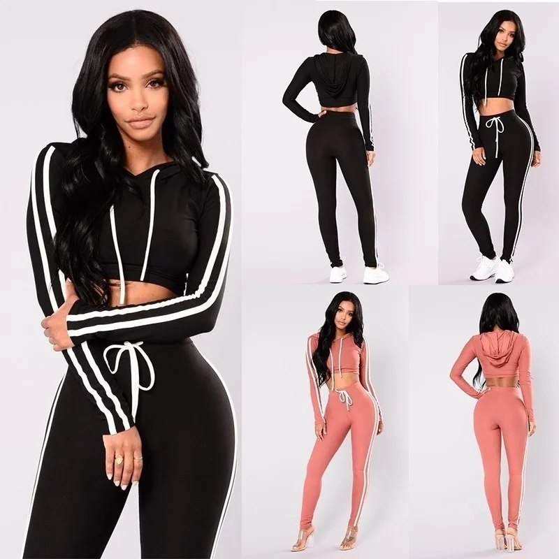 2020 Women Fashion Sports Tight Two Piece Set Tracksuit Long Sleeve Slim Top +Long Pants Fitness Suits Striped Sexy | Женская одежда