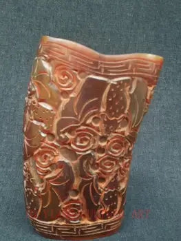 

YIZHU CULTUER ART Collected Ancient China Tibet Old Hand Carved Bat Cattle Horn Cup Ornaments Gift