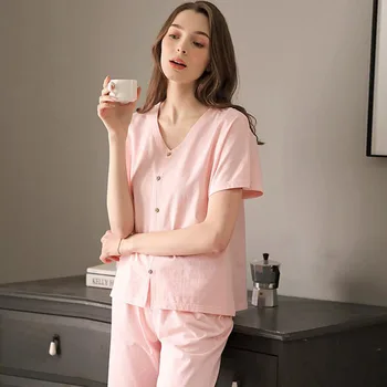 

2020 New Arrival Sweet Women's Summer Cotton Night Suit Sleepwear Pajamas Set Solid Short Shirt and Pants Casual Homewear Set