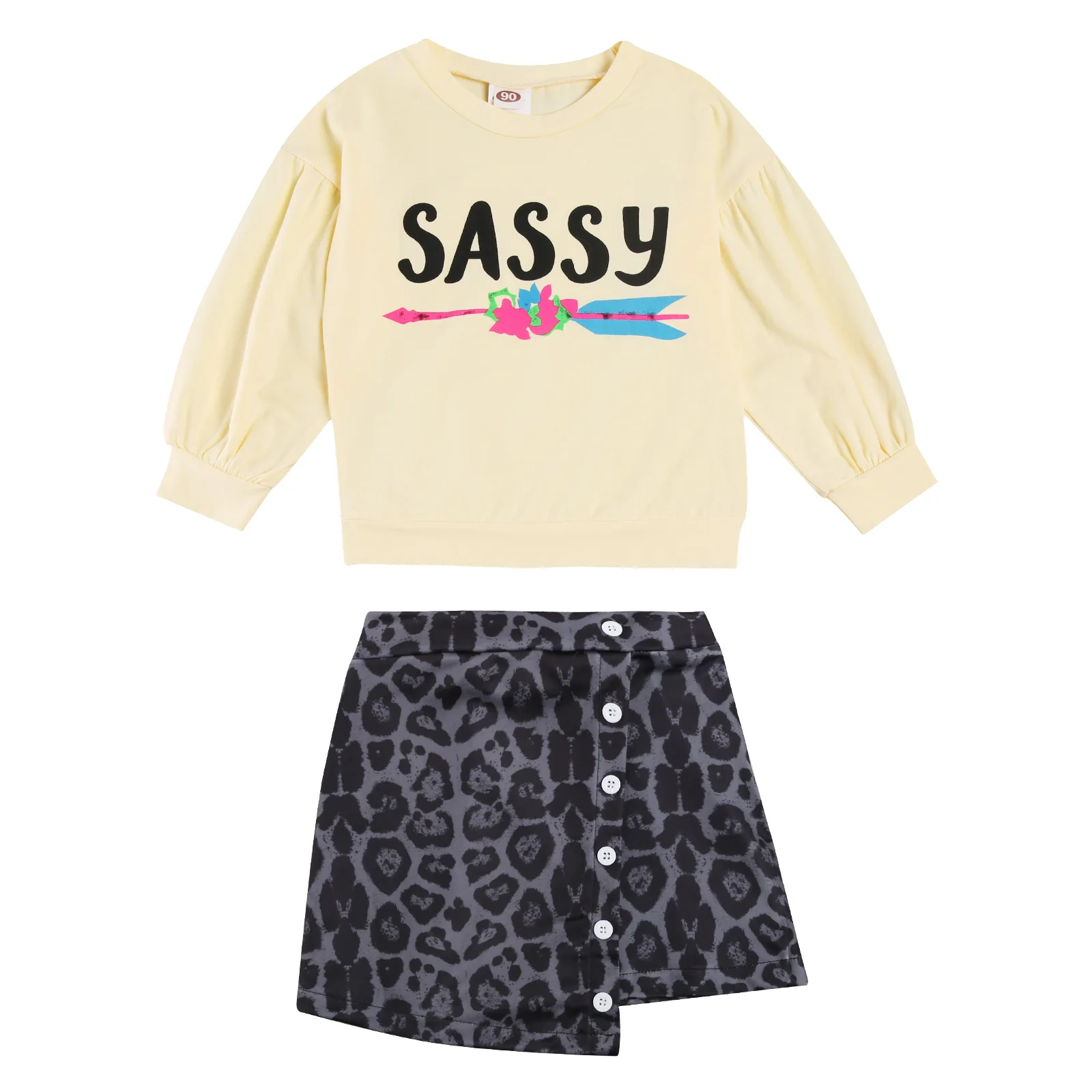 

2-7Y Toddler Baby Girl Clothes Spring New Floral Letter Print Long Sleeve Blouse+Leopard Button A-link Skirt 2pcs Clothing Set