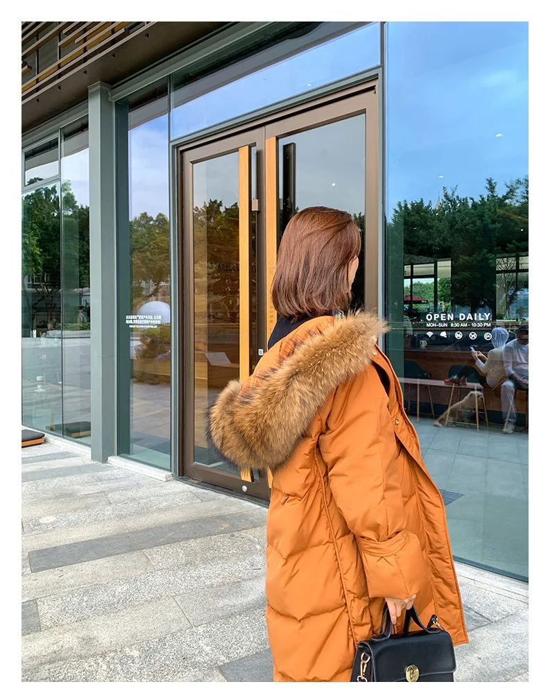 New Korean Style Women Loose Duck Dow Jackets Loose Oversized Parka Mid Long Warm Outerwear Coat Female Real Fur Hooded Jacket