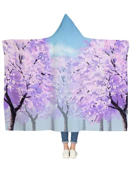 

Cherry Blossom Purple Hooded Blanket Coverlet Fleece Winter Travel Cover Wrap Improve Sleep Microplush Reversible Cozy Pl