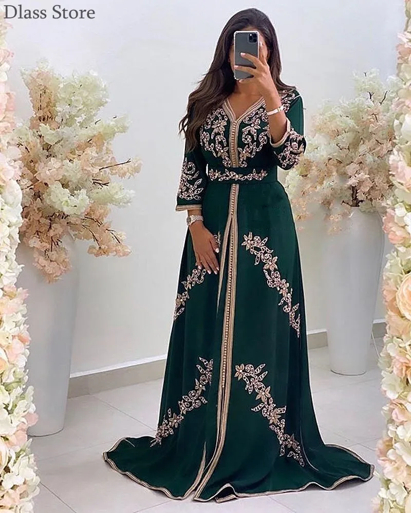 

Muslim Evening Dress A-line Satin Beading Applique Long Sleeves V-neck Sweep Train Dark Green Prom Dress вееѬнее плае