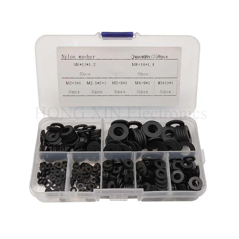 350Pcs Plastic Washer Black M2-M8/PCB Nylon Plastic Washer Bolt Assortment kit set With Box Gasket RingFastener Hardware