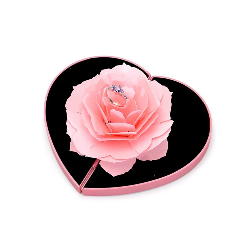 3D Heart Shape Rose Flower Ring Box Specially Designed For Couples Propose Rotating Diamond Rings Packaging Jewelry Box high quality jewelry box for couples propose rings packaging rotating rose flower ring box 3d heart shape