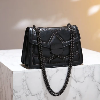 

2020 Fashion Rivet Messenger Bags Women High quality Leather Box Crossbody Bags Luxury Brand Design Black Chain Clutches Bag