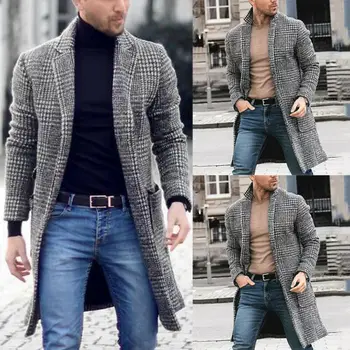 

Korean Men Wool Blends Coats Overcoat Male Winter Warm Clothes Wool Outwear Long Black White Plaid Blends Male Coat Plus Size