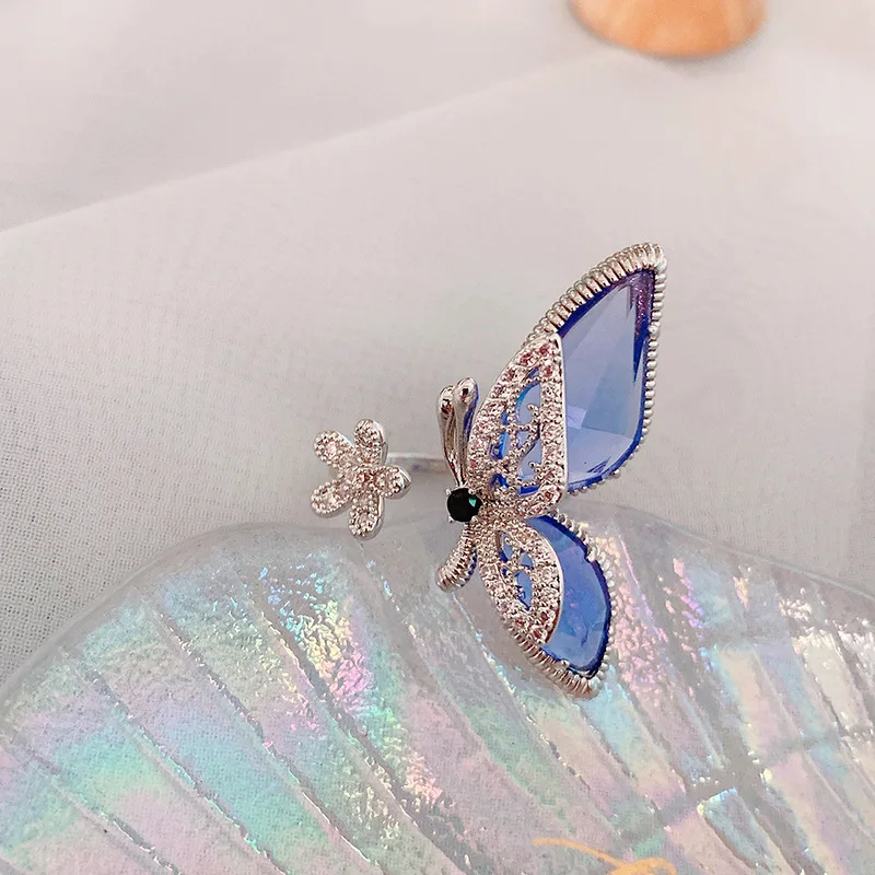 Statement Big Flower Butterfly Open Rings Women New Trending Crystal Jewelry Adjustable