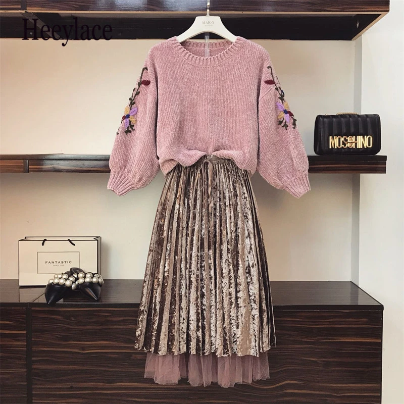 Осенне зимний комплект из двух предметов бархатные платья винтажное платье