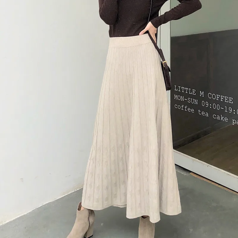 Новая модная женская длинная осенне-зимняя однотонная трикотажная эластичная юбка с высокой талией Элегантная офисная открытая плиссированная повседневная юбка