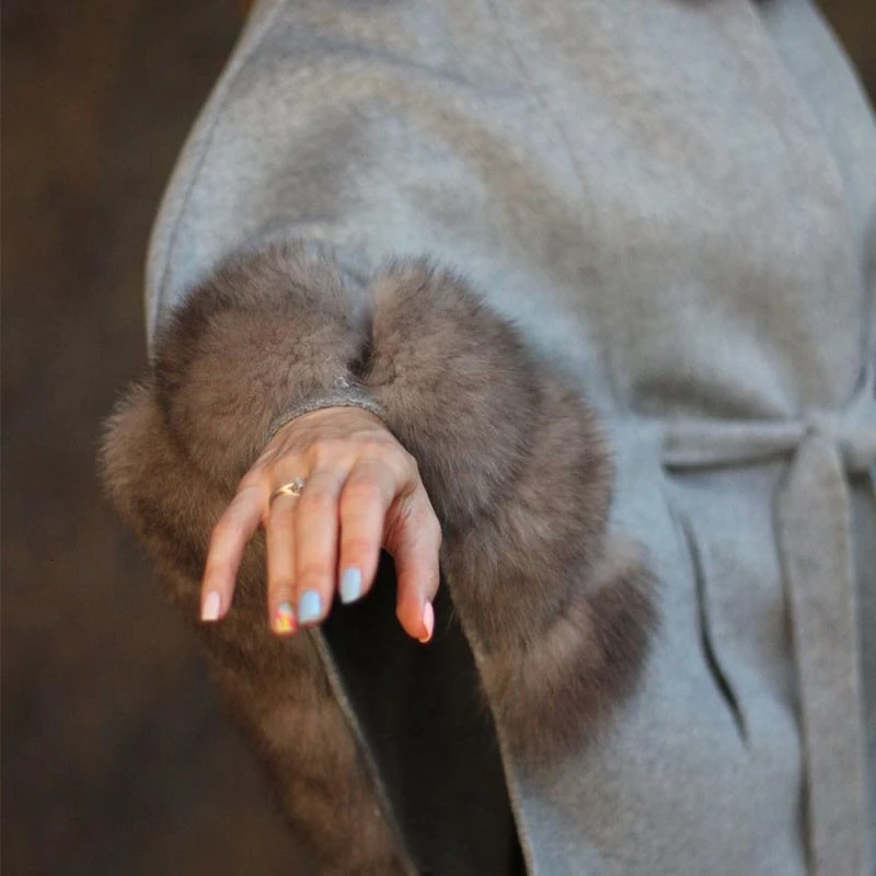 FURSARCAR кашемировые шерстяные куртки размера плюс с длинными рукавами из натурального Лисьего меха Пальто Повседневное теплое пальто с воротником-стойкой из лисьего меха