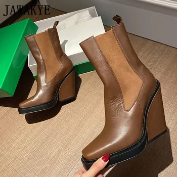 

Designer Fashion Platform Wedge boots Winter Women's Genuine Leather Ankle Long Shoes High Heel Elastic Band Ladies Short Boots