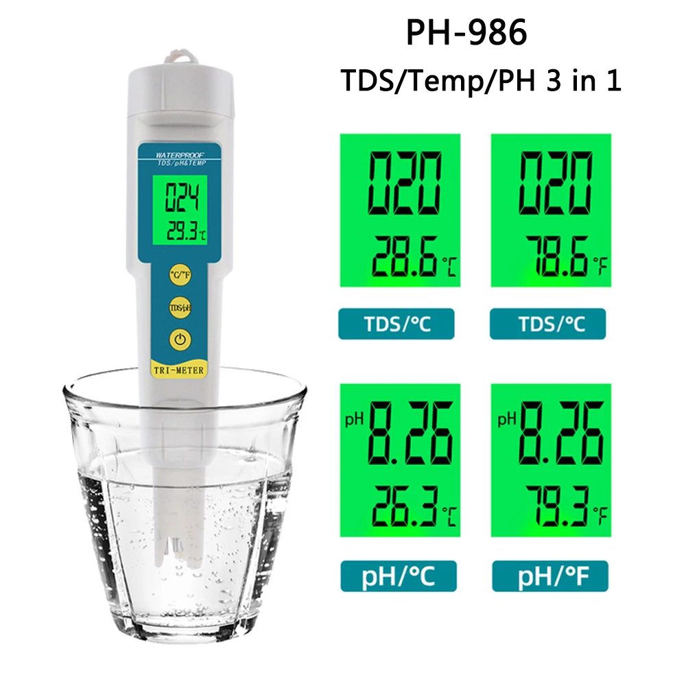 

PH-986 3 in 1 TDS TEMP PH Tester Digital EC Meter Conductivity Monitor Replaceable Probe Water Quality Purity Test Tool For Pool