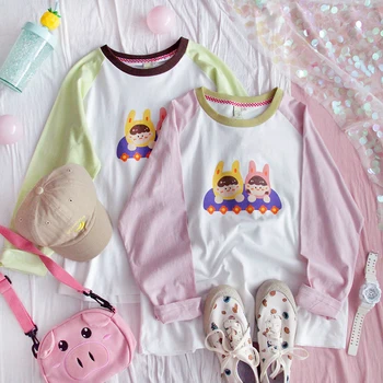 

Early Spring Women Blouse Long sleeve Loose Student Girls Color matching Round neck Soft Sister Cartoon Print Bottoming Shirt