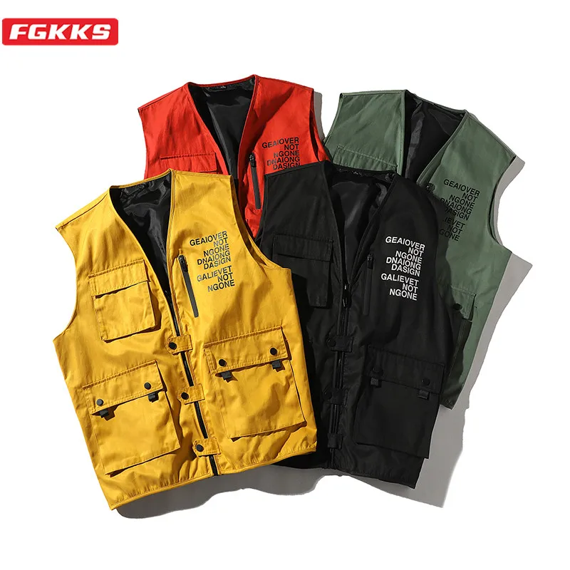 

FGKKS Trend Brand Men Fashion Vest Spring New Men's Multi-Pocket Casual Vest High Street Hip Hop Vest Coat Male