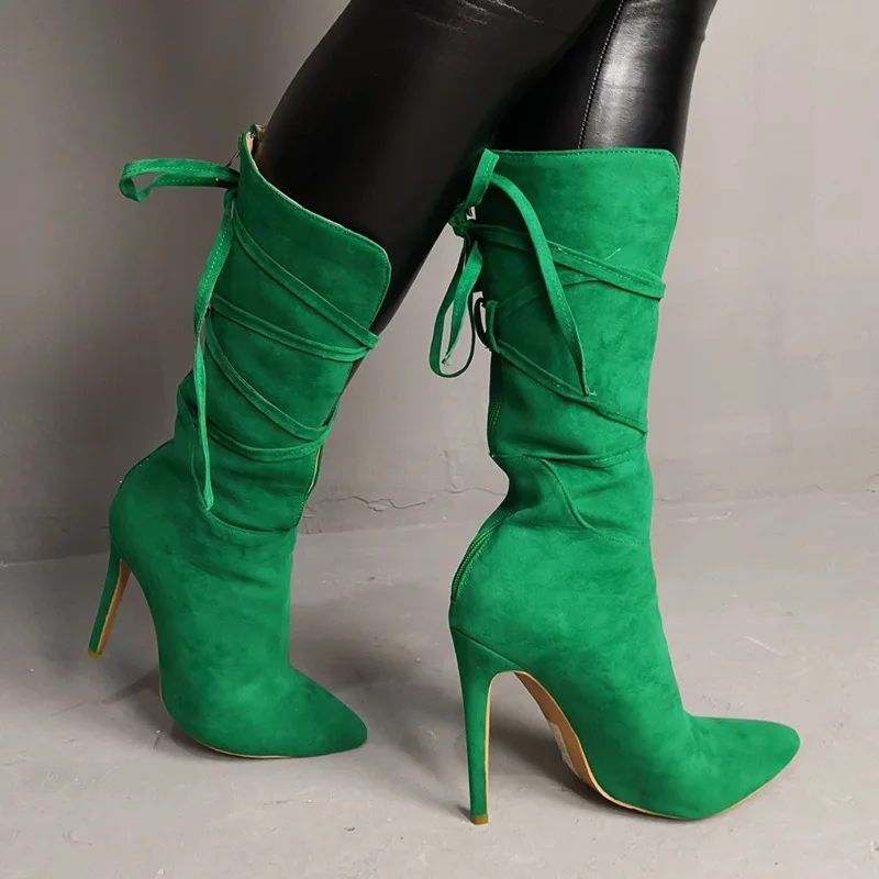 Sexy Women Green Boots Lace Up Mid Calf High Heels Booties Pointed Toe