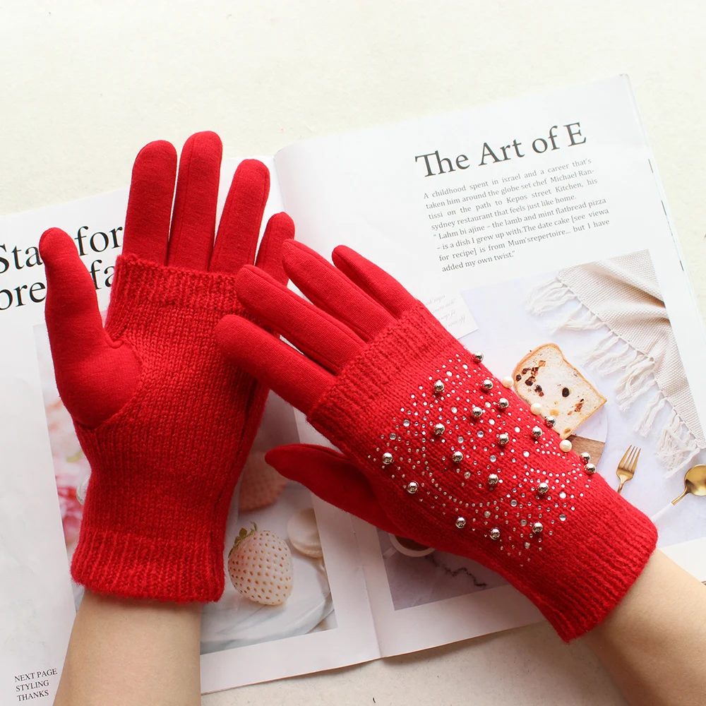 

Bickmods New Ladies Knitted Gloves Red Fashion Double Layer Diamond Cold-Proof Winter Warm Gloves