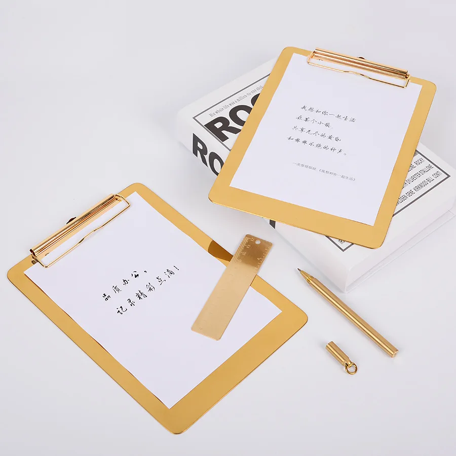 

Northern European-Style Clipboard Gold-Tone Stainless Steel Folder INS Point Menu Folder Metal Multi-functional A4 Board Folder