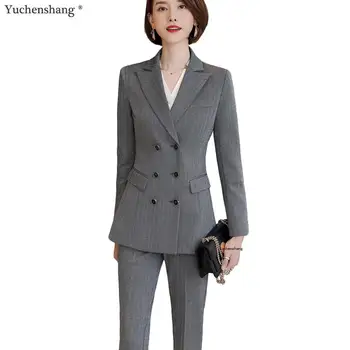 

New Gray Business Wear Pant Suits Women Jacket Set Thick Fabric Blazer and Pants Suit 5XL For Winter