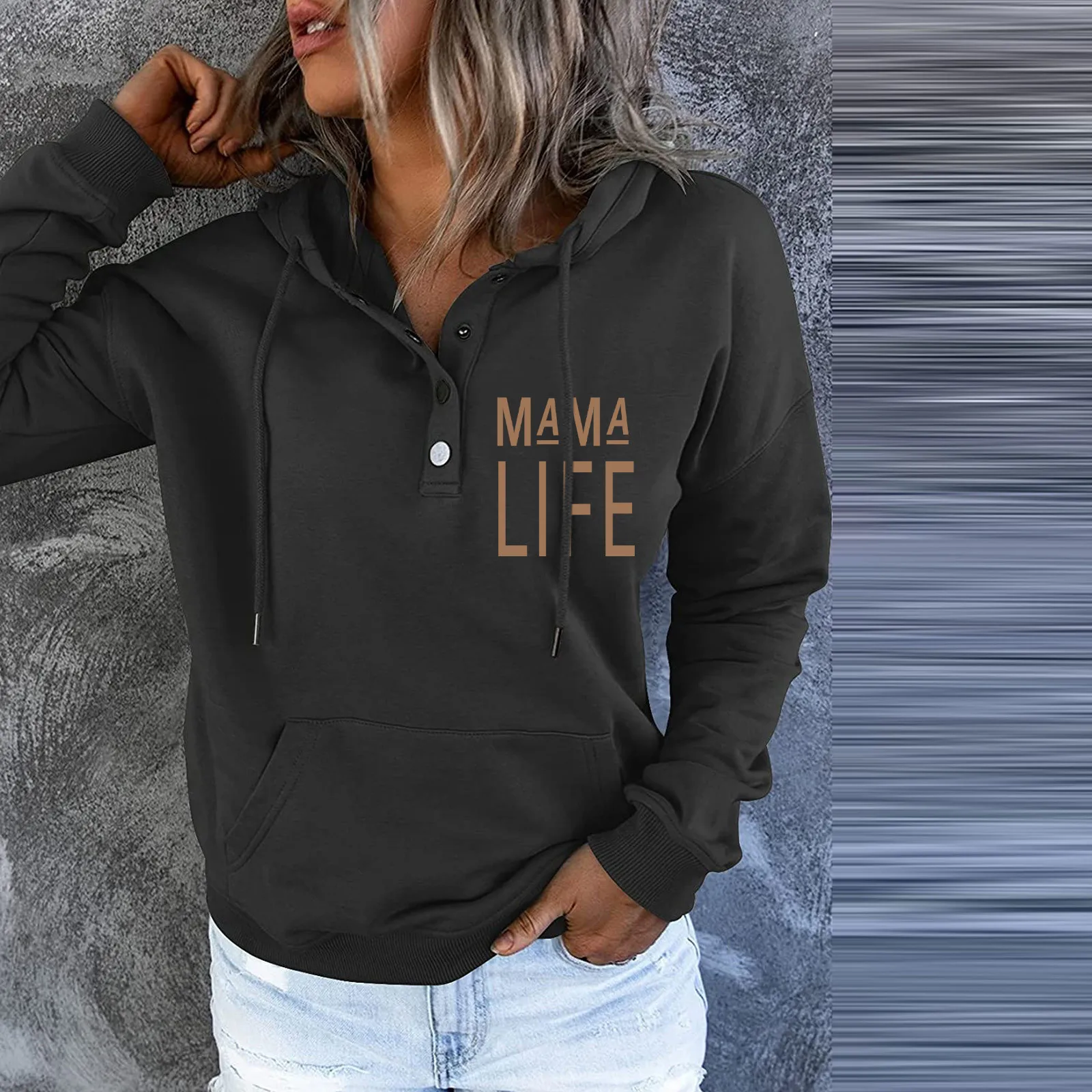Women's Pullover Winter Warm Casual Hoodies Tops Letter Printing Casual Button Down Long Sleeve Pocket Sweatshirts Pullovers 2