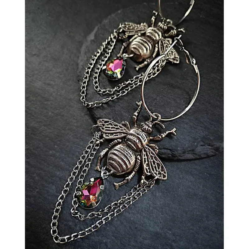 Dangle Earrings Goth Bumblebee Hoops Water Crystal Teardrop Witch Gothic Punk Grunge Jewellery Women Gift