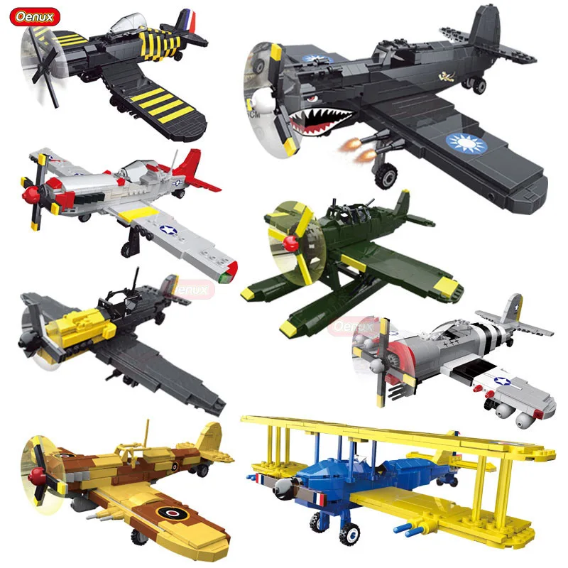 Billig Oenux Neue Ankunft Weltkrieg 2 Klassische Flugzeuge BF 109 PT 17 P 51 Spitfire Kämpfer Fahrzeug Militär Gebäude Block ziegel MOC Spielzeug