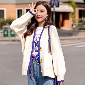 

Fashion Solid Womens Knitted Sweaters Long Sleeve V Neck Harajuku Oversized Cardigan Casual Loose Winter Tops