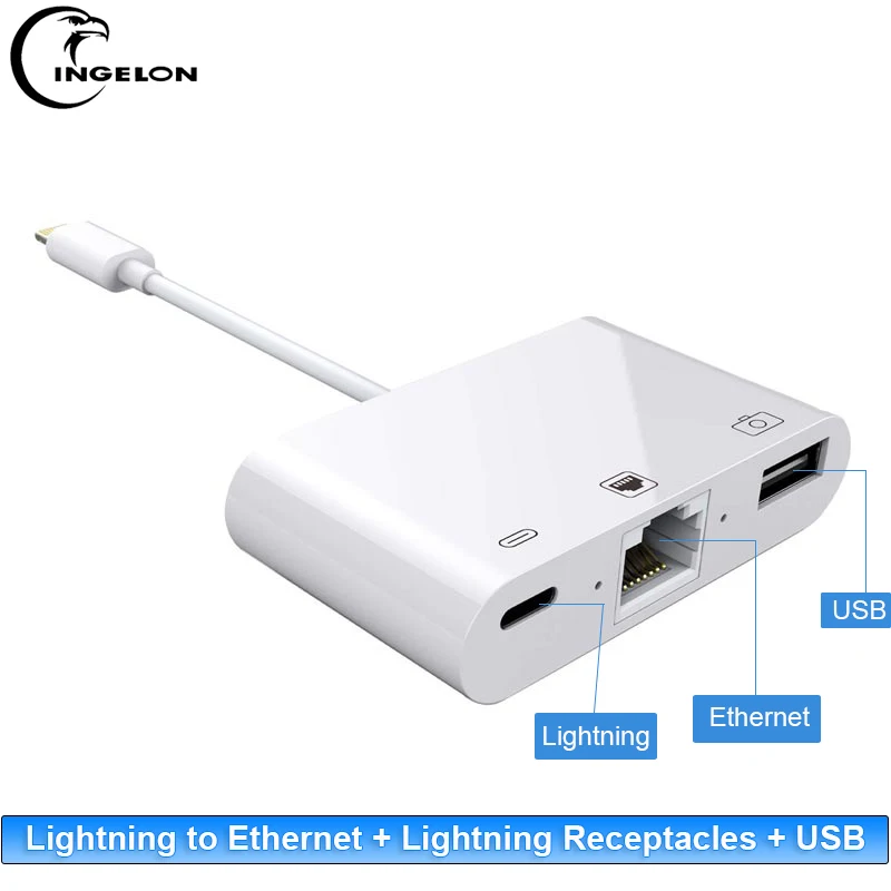 Ipad do Iphone ao Cabo do Adaptador da Câmera de Usb o Relâmpago de Ingelonlightning para Ethernet Rj45 + Usb + Adaptador do Cubo do Relâmpago Porta Splitter
