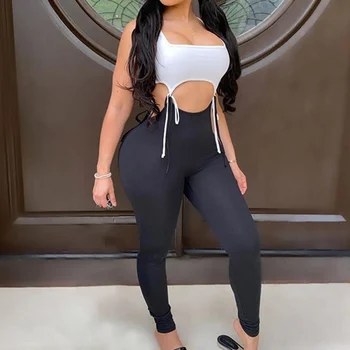 

Fitness Matching Sets Women Sleeveless Bandage Patchwork Fashion Bodycon 2 Piece Outfits Push Up Hot Top And Pants Set