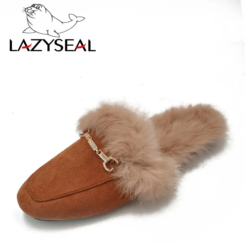 LazySeal/новые меховые тапочки; обувь без задника с натуральным мехом; женские тапочки с квадратным носом; женские Вьетнамки; женские шлепанцы без задника с металлическим украшением - Цвет: Brown