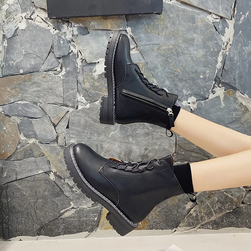 

Round Toe Women's Short Boot Low Heels booties Lady Boots Rock Shoes Woman Luxury Designer Lace Up Mid-Calf Ladies Martins Rubbe