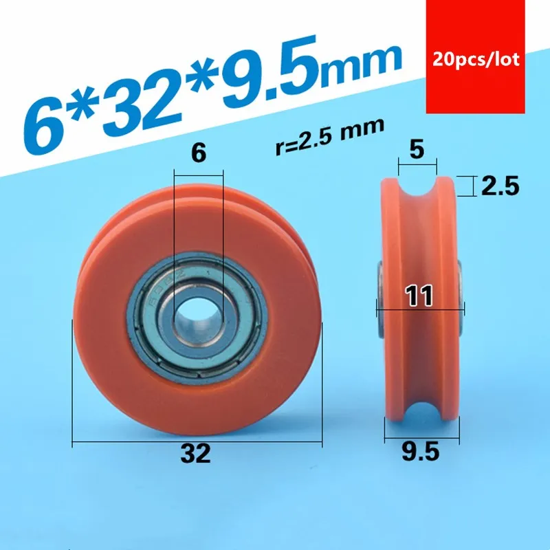 

20pcs U groove Plastic coated bearing 6*32*9.5mm POM roller wheel nylon package sliding pulley bore 6mm diameter 32mm