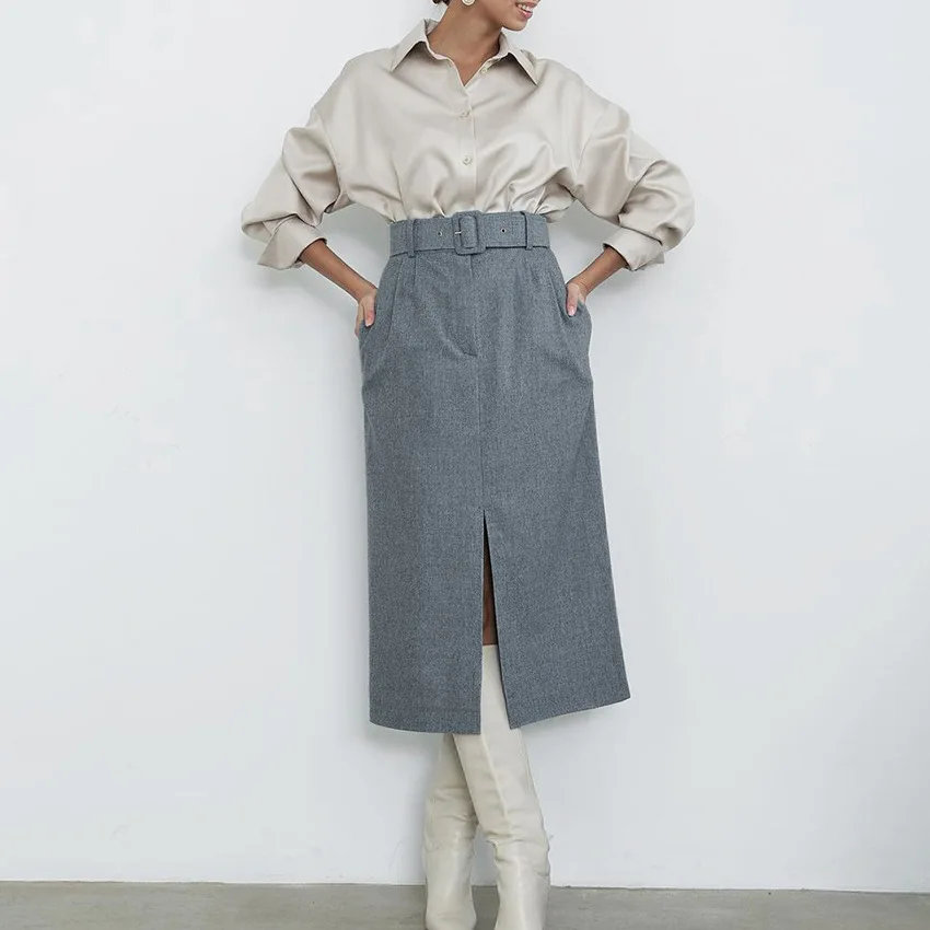

Office Clothes Elegant Solid High Waist Commuter Occupation Package Hip Skirt Casual Side Slit Hip Skirt Mid Length Female Skirt