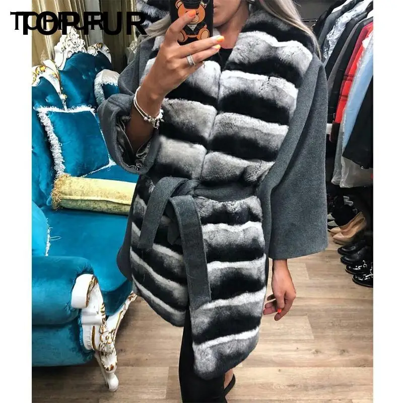TOPFUR, Женское пальто из натурального меха, роскошное,, теплое пальто с мехом, длинный меховой воротник из кролика Рекс, высокое качество, стиль, шуба