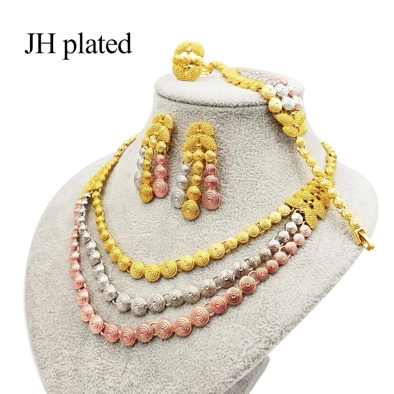 JHplated, Саудовская Аравия, Модный золотой цвет, ювелирный набор для женщин, цветное свадебное ожерелье, серьги, кольцо, браслет, наборы, индийский подарок для девочек