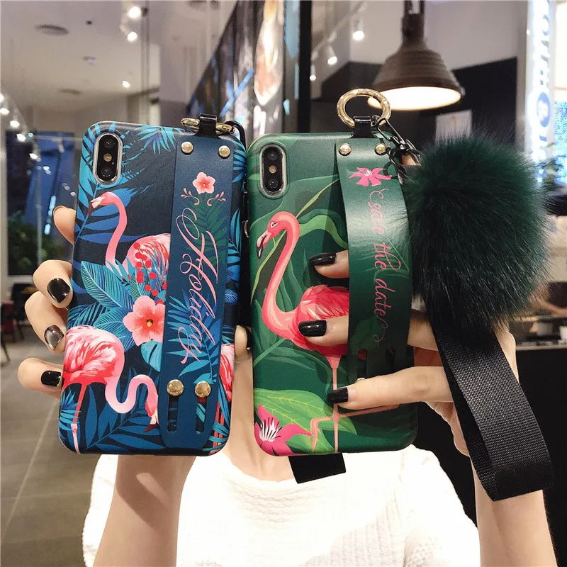 

Flamingo wrist strap for case iphone 7 8 coque iphone plus xr x xs max 6 6s 7 8 plus chain strap silicone soft phone cover cute