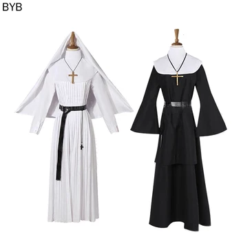 

Halloween The Nun Cosplay Costume for Women Carnival Party Religion Sister Stage Performance Cross Necklace Hat Belt Dress Set