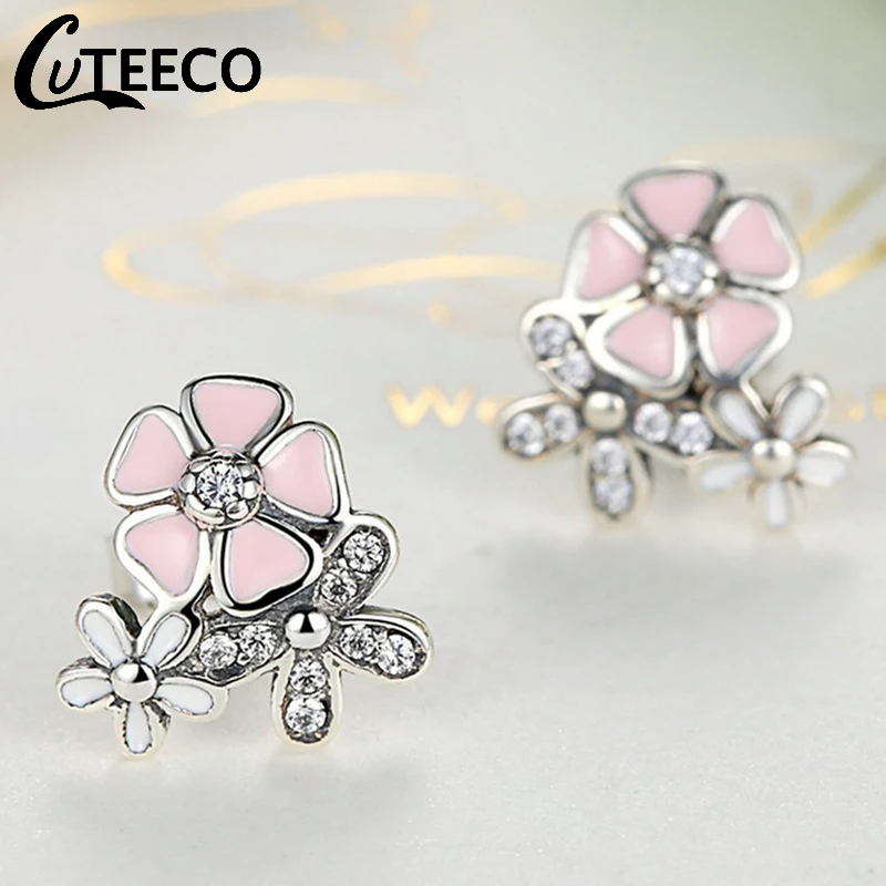 

Cuteeco Silver Earrings Pan Daisy Drop Earring Pink Enamel With Clear CZ Zircon For Women Engagement Jewelry Gifts
